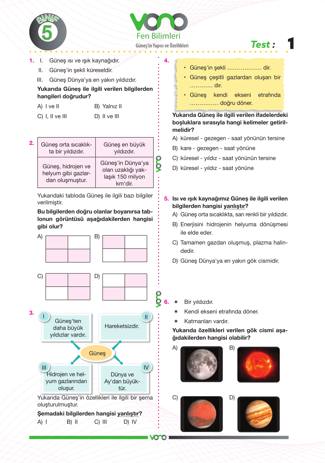 5. Sınıf Fen Bilimleri Yaprak Test Vono Yayınları Dijital Eğitim Sistemi.