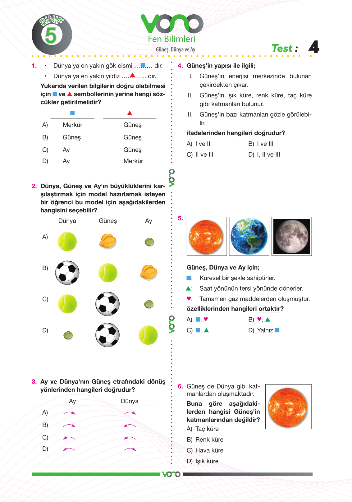 5. Sınıf Fen Bilimleri Yaprak Test Vono Yayınları Dijital Eğitim Sistemi.